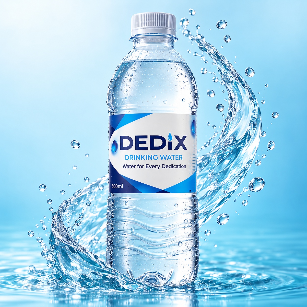 Chilled 500ml DEDIX drinking water bottle in a refreshing splash